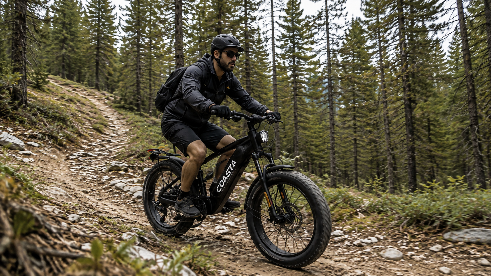 COASTA CT6 rider on a forest mountain trail