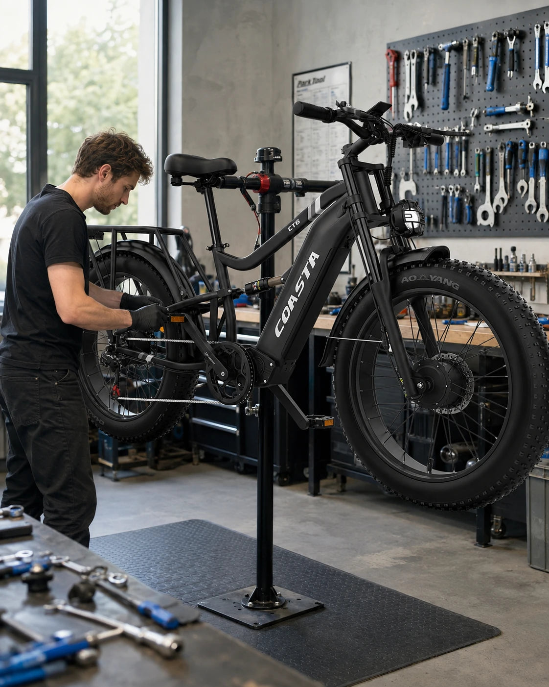 Technician servicing a COASTA CT6 electric bike in a workshop