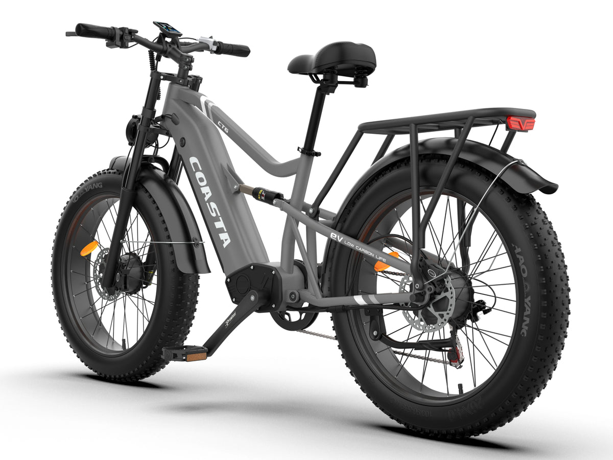 Go farther between charges. battery and range detail on COASTA CT6 5000W Dual Motor Fat Tire Off-Road Electric Bike