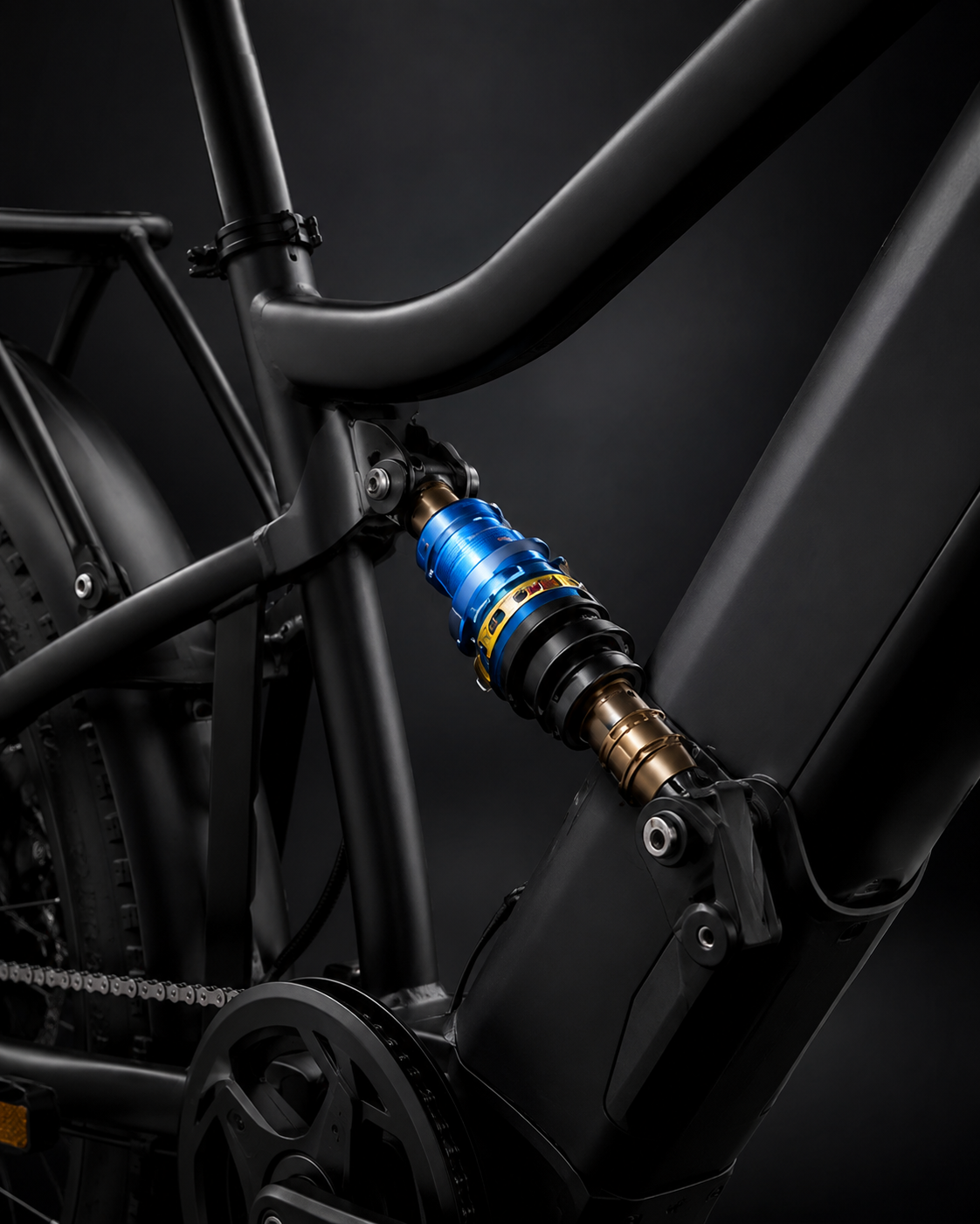 Built to smooth out rough roads. ride comfort detail on COASTA CT6 5000W Dual Motor Fat Tire Off-Road Electric Bike