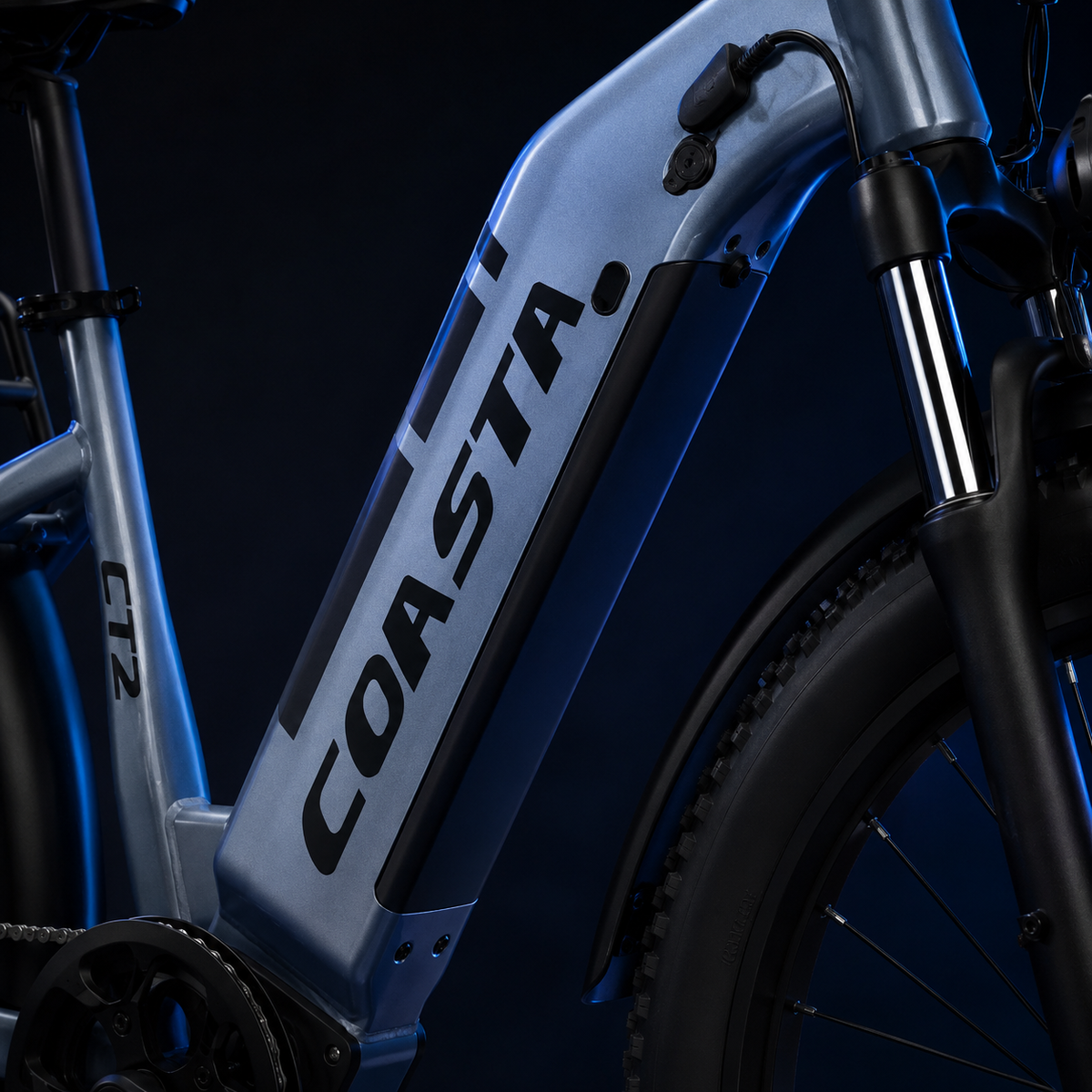 Long-Lasting Battery Design battery and range detail on COASTA CT2 Dual Motor Fat Tire Electric Bike for Adults