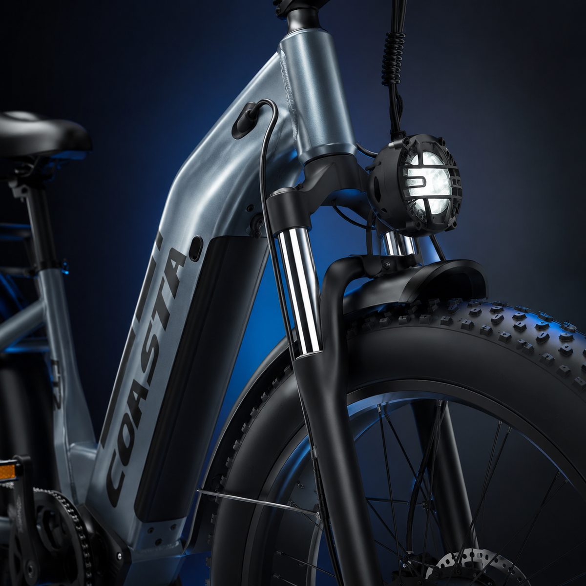 Smooth Riding Across Any Terrain ride comfort detail on COASTA CT2 Dual Motor Fat Tire Electric Bike for Adults
