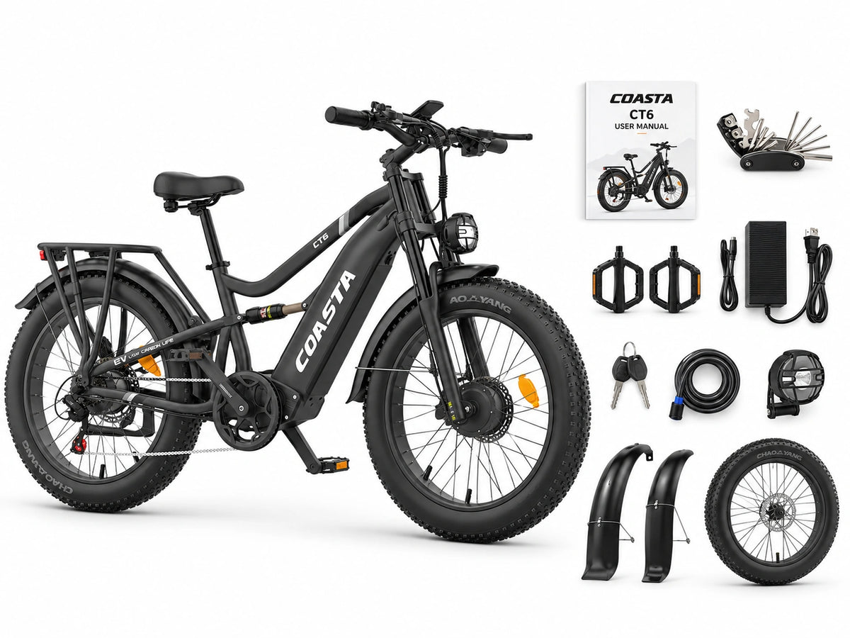 COASTA CT6 4000W Dual Motor Fat Tire Electric Bike | 40 MPH package contents overview