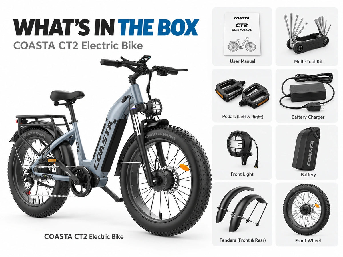 COASTA CT2 6000W Dual Motor Fat Tire Electric Bike | 41 MPH package contents